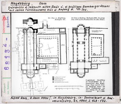 Vorschaubild Magdeburg, Dom: Grundrisse des rekonstruierten alten Baus und des heutigen Bamberger Domes mit seinen Fundamenten aus dem Anfang des 11 Jhd.s 